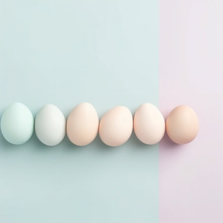 A row of eggs on a pastel blue and pink background Generative AI Generatedの素材