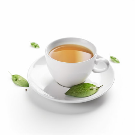 A cup of tea sits on a saucer with leaves Generative AI Generatedの素材