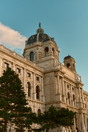 View of Vienna's Kunsthistorisches Museum with pine trees in the foreground and a clear blue sky, highlighting the classical architecture and serene surroundings.の写真素材