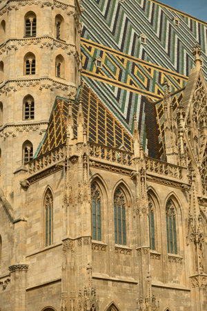 Side view of St. Stephen's Cathedral in Vienna, showing the intricate Gothic windows, supporting buttresses, and a prominent tower under the iconic zigzag mosaic roof.の写真素材