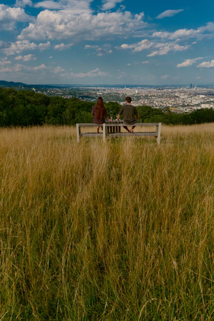 Couple sitting on a bench amid tall yellow grass, each holding a wine glass. Forested meadow with panoramic view, romantic picnic scene.の写真素材