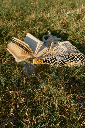 Vertical photo of an open book on sunlit autumn grass with a vintage mesh bag holding wine bottle...