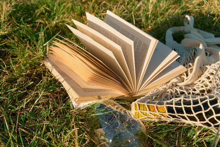 Horizontal photo of a vintage mesh bag on grass with an open book nearby. Warm sunset light creates romantic, cozy outdoor atmosphere in vineyard or garden.の写真素材
