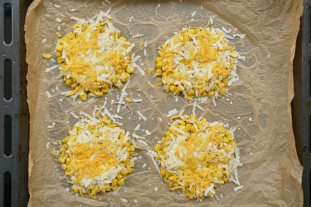 Top-down shot of several corn rounds on parchment paper, each topped with gratified cheese. Baking sheet on a countertop, showing neat arrangement and cozy kitchen prep scene.の写真素材