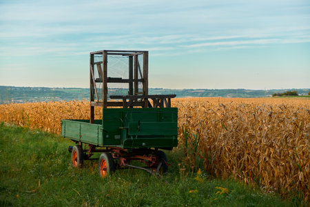 Wide horizontal shot of a green farm trailer with red wheels standing on green grass next to a cornfield. Autumn rural scene, perfect for agriculture and harvest projects.の写真素材
