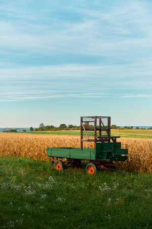 Vertical shot of a green farm trailer on lush grass with small white flowers. Cornfield stretches in the background under blue sky, perfect for agrobusiness or rural projects.の写真素材