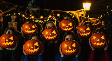 A large group stands in a Halloween-decorated street, holding glowing pumpkins at head level. Lanterns, skeletons, garlands, and cobwebs create a festive autumn and spooky vibe.の素材
