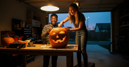 Two teenagers carve a giant pumpkin on a wooden table in a cozy garage. A candle glows inside the pumpkin, filling the space with warmth, creativity, and the joyful spirit of Halloの素材