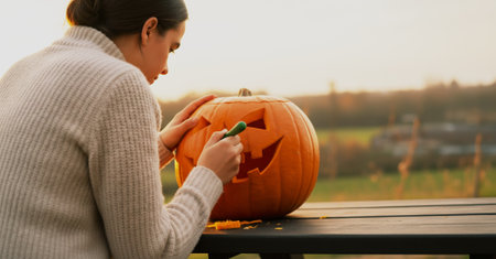 A girl in a white sweater sits at a large outdoor table, carving a big orange pumpkin. Cozy autumn vibes, creative Halloween activity, and joyful seasonal fun.の素材