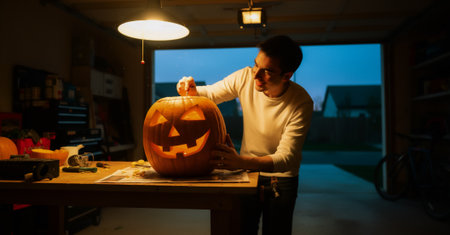 A young man smiles while carving a huge pumpkin on the table in a garage. Warm, festive Halloween vibes, creative preparation for the holiday, fun and joyful moment.の素材
