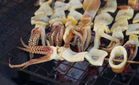 Grilled Squid on Charcoal stove,selective focus.