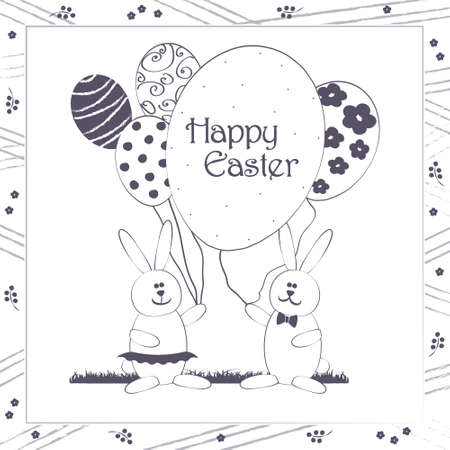 Happy Easter greeting card vector illustration. Cute Easter Bunny couple with balloons resembling egg shape. Traditional Spring holiday party invitation & greeting card template. Layered editable.のイラスト素材
