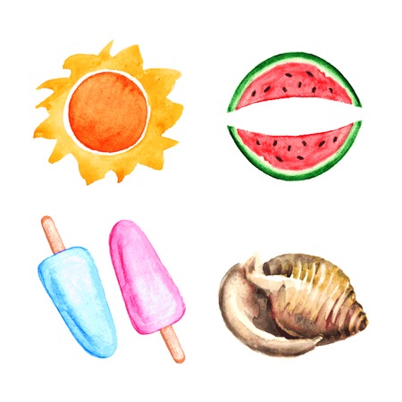 Watercolor sun, watermelon, shell, ice creamのイラスト素材