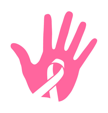 Caring pink hand print and pink ribbon icon, breast cancer awareness symbol, vector logo illustrationのイラスト素材