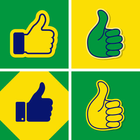Set of  thumb up icons, using Brazil flag colors , illustration. Collection of hand thumb up emblems,  business and technologyのイラスト素材