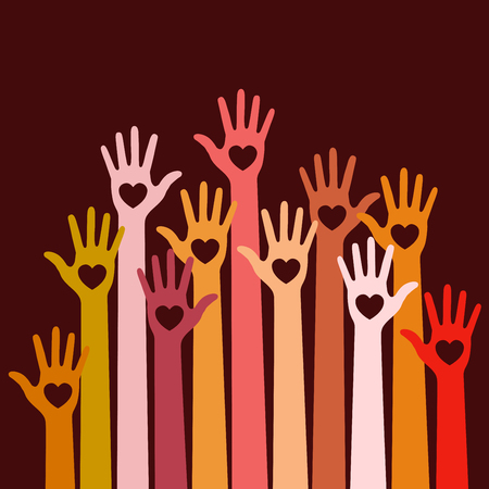 Warm  colors bright colorful caring up hands hearts vector logo design element on dark red background. Volunteers hands up with heart emblem icon for education, health care, medical, volunteer, vote.の写真素材