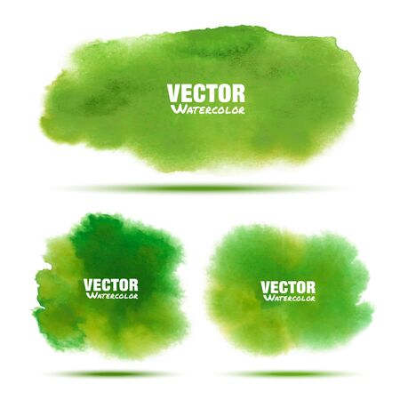 Set of bright green - yellow spring watercolor vector grunge stains isolated on white background with realistic paper texture. Aquarelle green spot.のイラスト素材
