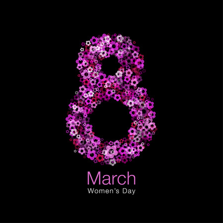 March 8 - Womens Day light design of greeting card template. Symbol of International Womens day with bright glow red purple pink flower petals isolated on black background. Vector illustration.の写真素材