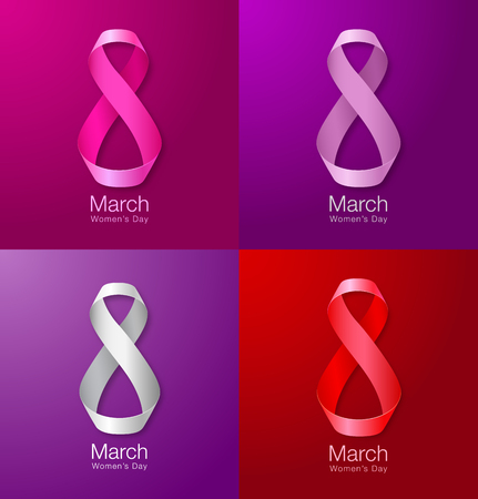 Set of colorful March 8 - Womens Day Paper Design of greeting card templates. International Womens day Realistic symbol of colorful ribbon on bright backgrounds. Vector illustration.のイラスト素材