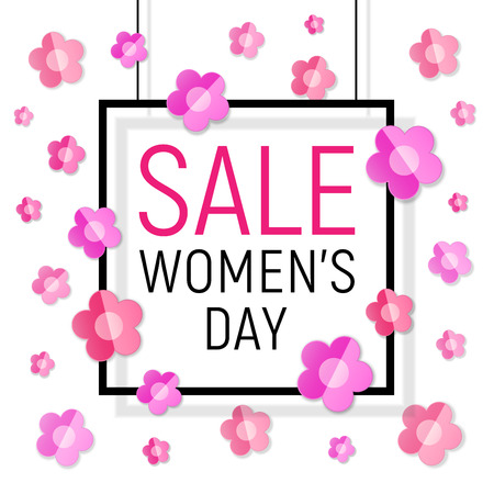 Womens day black frame sale text on white background with paper light pink - red flowers. March 8 - Womens Day Paper Design of greeting card. Spring sale templateのイラスト素材
