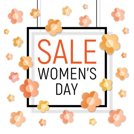 Womens day black frame sale text on white background with paper light yellow - orange flowers. March 8 - Womens Day Paper Design of greeting card. Spring sale template.のイラスト素材