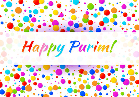 Vector Bright Horizontal Card Happy Purim carnival text with colorful rainbow colors paper confetti frame isolated on white background. Birthday template. Purim Jewish holiday.のイラスト素材