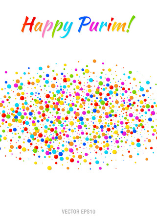 Vector Happy Purim carnival text with colorful rainbow colors paper confetti cloud strip isolated on white background. Colorful confetti band. Purim Jewish holiday. Birthday template. Poster or flyer.のイラスト素材