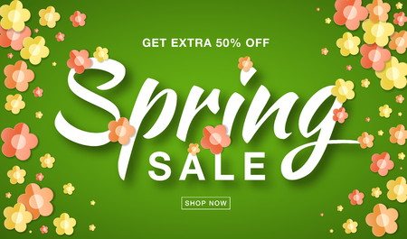 Vector Spring Sale banner with typographic calligraphic lettering text on bright green background colorful paper yellow, red, orange paper flowers. Sale vector 50 percent off. Hand drawn calligraphy.のイラスト素材