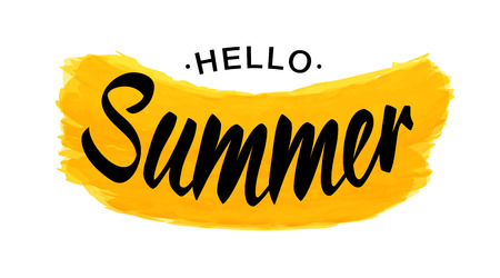 Black Vector Lettering Hello Summer with yellow grunge shape isolated on white background.  Fun summer typographic design logo for t-shirt, poster, flyer.のイラスト素材