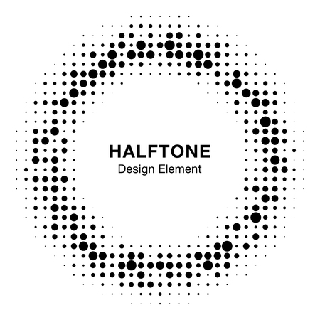 Black abstract vector circle frame halftone random dots logo emblem design element for technology, medical, treatment, cosmetic. Round border Icon using halftone circle dots raster texture.のイラスト素材
