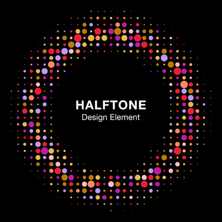 Halftone circle vector frame with colorful abstract random dots, logo emblem design element for technology, medical, treatment, cosmetic. Round border Icon using halftone circle dots raster texture.のイラスト素材