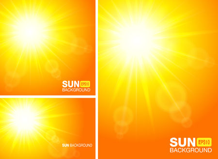 Summer template banners. Sun rays backgrounds. Set of Glow sunlight horizontal and vertical yellow backdrops. Sunshine glare heat with flash rays and bubbles borders.  Vector illustration.のイラスト素材