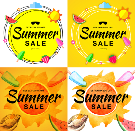 Summer sale template banners. Hand drawn lettering. Scribble circle on bright yellow background with flat paper sun, watermelon, ice cream, strawberry. Vector summer design elements. Sun backgrounds.のイラスト素材