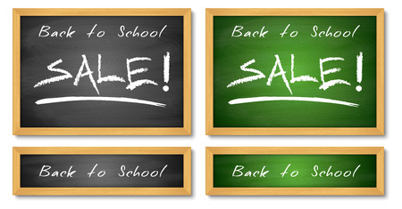 Back to School Sale Banners. Wooden green and black chalkboard backgrounds. Sale advertising hand drawn text with chalk. Vector illustration.のイラスト素材