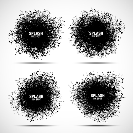 Splash ink black spot set isolated on white background. Drops black texture collection. Grunge abstract blot of splash spots. Sphere of black random blots. Vector black watercolor design elementのイラスト素材