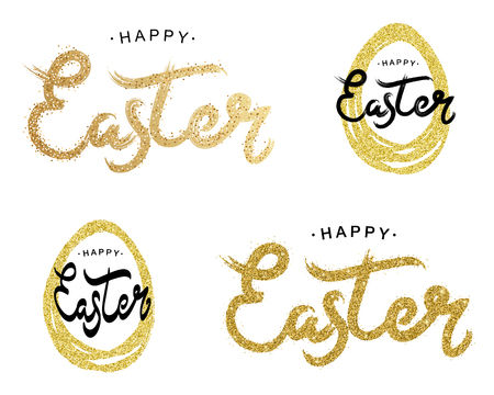 Happy Easter gold paint lettering. Golden text with sparkles. Hand drawn calligraphy and brush pen design for holiday greeting card and invitation of the happy Easter day. Vector illustration.のイラスト素材