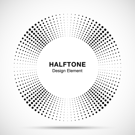 Halftone music circle frame abstract dots emblem design element. Half tone circular icon. Disc musical insignia. Round border using halftone circle dots raster texture. Vector illustration.のイラスト素材