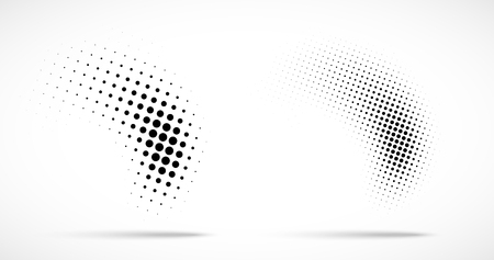 Halftone dots curved gradient pattern texture isolated on white background set. Curve dotted spots using halftone circle dot raster texture collection. Vector blot half tone illustration.のイラスト素材