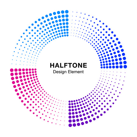 Halftone colorful circle frame abstract dots emblem design element. Half tone circular icon. Disc musical insignia. Music round border using halftone circle dots raster texture. Vector.のイラスト素材