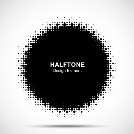 Halftone circle frame abstract dots emblem design element. Half tone circular icon. Grunge round border using halftone circle dots raster texture. Vector illustration.のイラスト素材