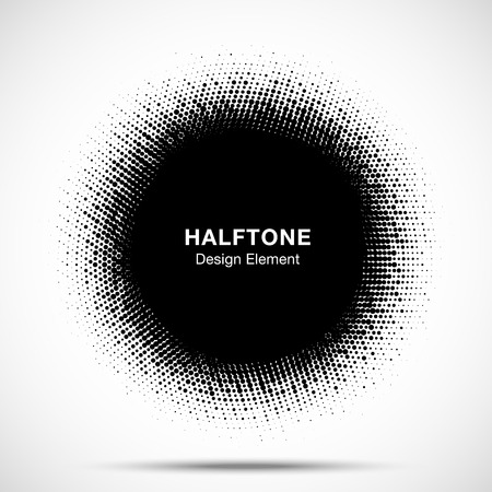 Halftone circle frame abstract dots emblem design element. Half tone circular icon. Grunge round border using halftone circle dots raster texture. Vector illustration.のイラスト素材