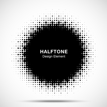 Halftone circle frame abstract dots emblem design element. Half tone circular icon. Grunge round border using halftone circle dots raster texture. Vector illustration.のイラスト素材