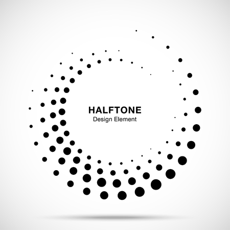 Halftone circle dotted frame circularly distributed. Vector dots emblem design element. Round border Icon using random halftone circle dot raster texture. Half tone circular background pattern.のイラスト素材