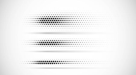 Set of halftone dots gradient pattern texture isolated on white background. Straight dotted spots using halftone circle dot raster texture. Vector blot half tone collection. Divider lines.のイラスト素材