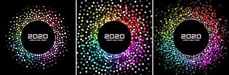 New Year 2020 night background party set. Greeting cards. Rainbow glitter paper confetti. Glistening...