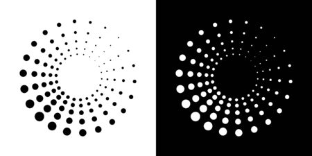 Halftone circular dotted frames set. Circle dots isolated on the white background. Logo design element for medical, treatment, cosmetic. Round border using halftone circle dots texture. Vector bw.のイラスト素材