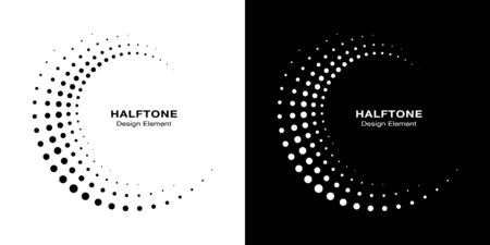 Halftone circular dotted frames set. Circle dots isolated on the white background. Logo design element for medical, treatment, cosmetic. Round border using halftone circle dots texture. Vector bw.のイラスト素材