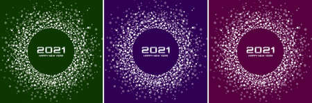 New Year 2021 night background party set. Greeting cards. White glitter paper confetti. Glistening bright festive lights. Glowing circle frame. Happy new year wishes. Christmas vibrant frames. Vectorのイラスト素材