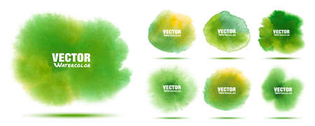 Green abstract hand drawn watercolor background set. Watercolor color splashing on the paper. Vector illustration.のイラスト素材