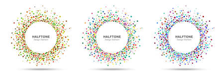 Splash frame. Random halftone circle dots logo. Colorful Design Element. Splatter round. Spray paint effect. Vector set illustrationのイラスト素材